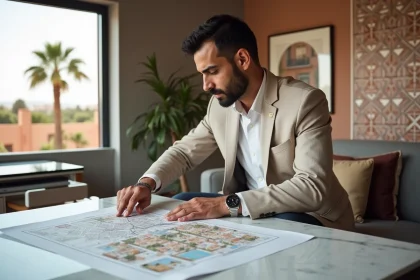 Agent immobilier marocain analysant des plans d'appartements dans une agence moderne de Marrakech avec vue sur les toits en terre cuite