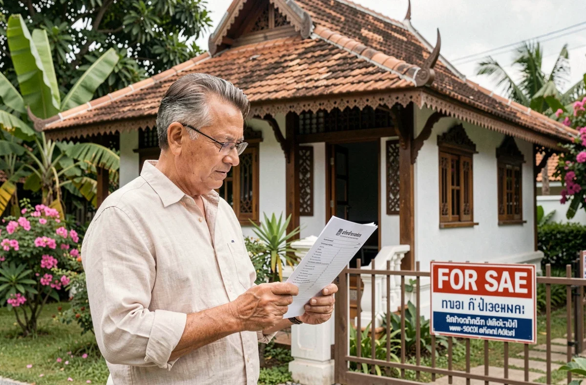 Acheteur étranger lisant un rapport d'inspection devant une maison traditionnelle thaïlandaise à vendre à Chiang Mai