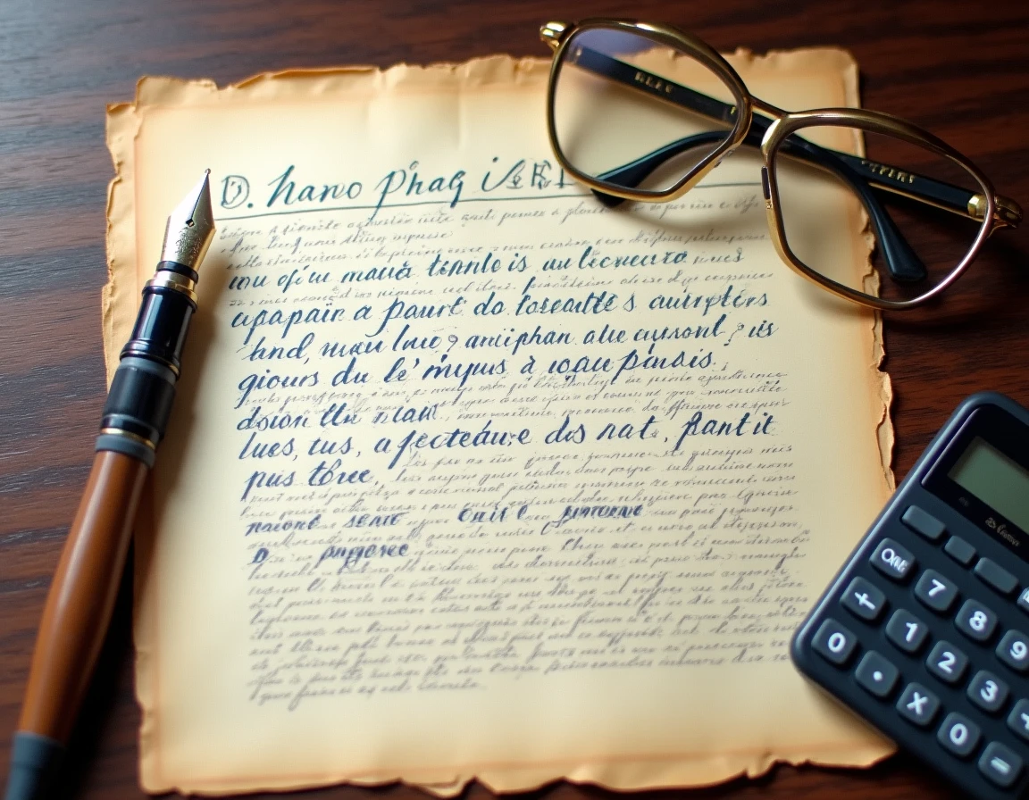 Acte notarié viager avec annotations manuscrites, stylo plume et calculatrice sur bureau en bois
