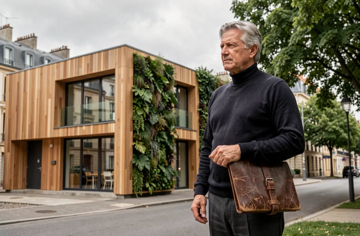Architecte Philippe Madec devant un bâtiment bioclimatique en bois et végétation, reflet de son approche écologique
