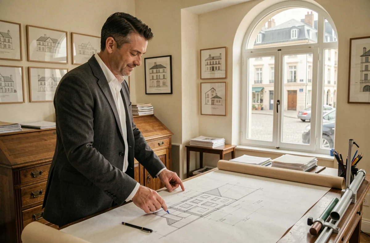 Architecte de l'Agence Rolland-Garrigues révisant des plans à la main dans un bureau au style classique modernisé