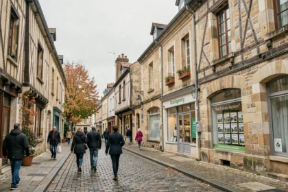 Rue typique du Calvados avec façades en pierre normande et vitrine d'agence immobilière en arrière-plan