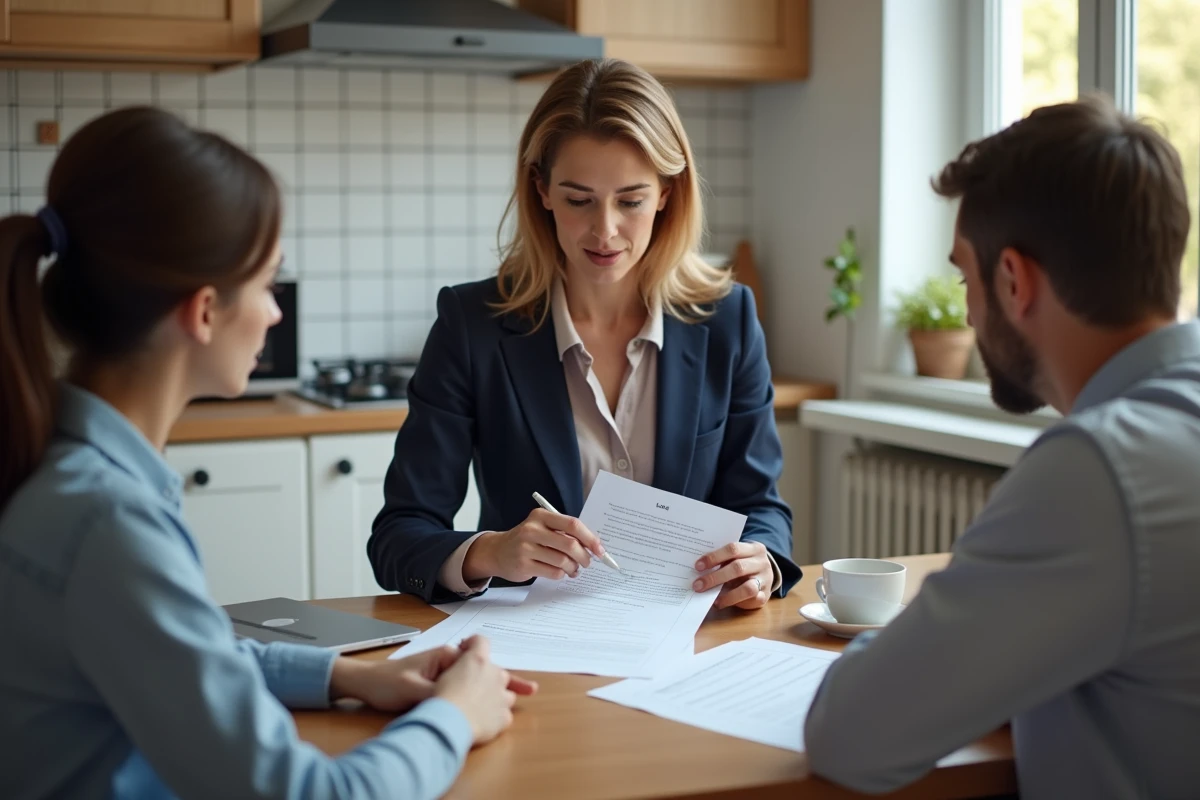 Agent immobilier présentant un contrat de location à un couple pour une maison avec jardin au budget de 600 euros