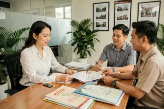 Agent immobilier thaïlandaise présentant des documents de vente de maison à des acheteurs étrangers dans un bureau moderne à Bangkok