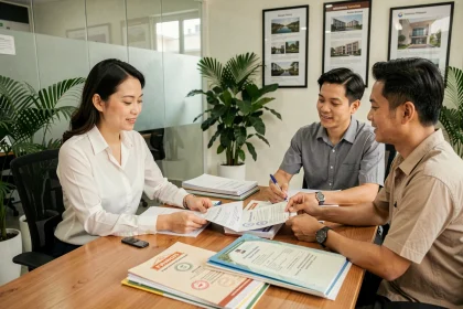 Agent immobilier thaïlandaise présentant des documents de vente de maison à des acheteurs étrangers dans un bureau moderne à Bangkok