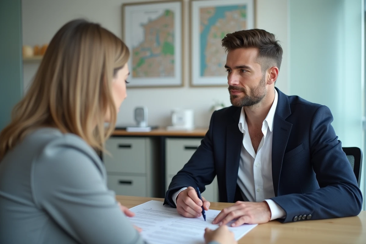 Agent immobilier et vendeuse signant une lettre d'offre d'achat dans un bureau professionnel