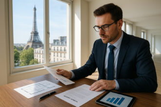 Agent immobilier évaluant un appartement parisien avec vue sur la tour Eiffel