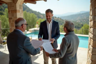 Agent immobilier avec couple sur patio vue vallée