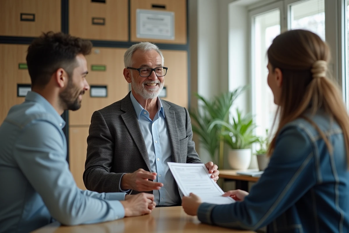Agent immobilier remettant un reçu de depot à un jeune couple dans un bureau