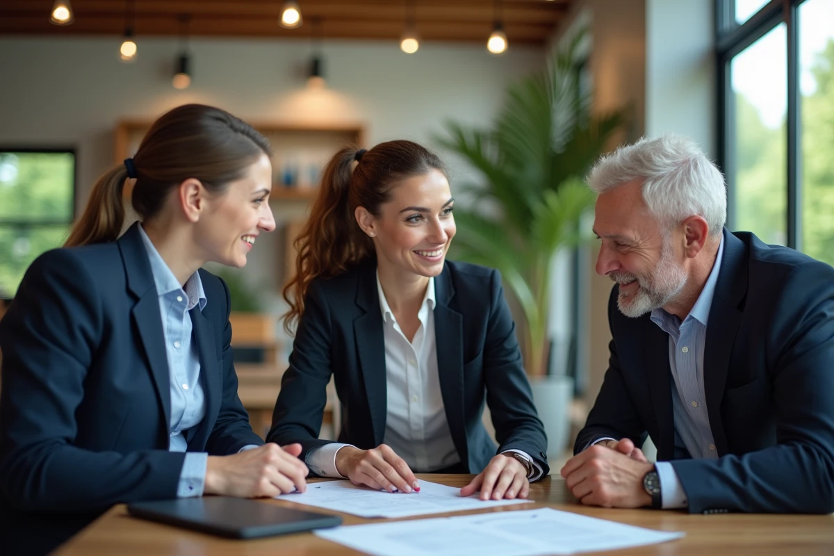 Jeune agente immobiliere avec couple dans reception