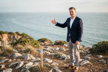 Agent immobilier sur un terrain en bord de mer à vendre avec vue sur l'océan