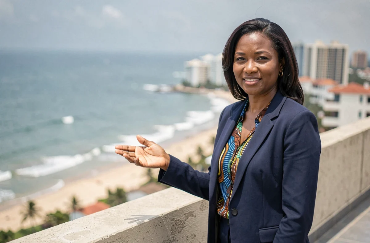 Agent immobilière présentant un appartement en vente à Dakar avec vue panoramique sur l'océan Atlantique depuis une terrasse
