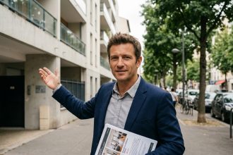 Agent immobilier devant un immeuble résidentiel moderne à Villeurbanne tenant une fiche de prix au mètre carré