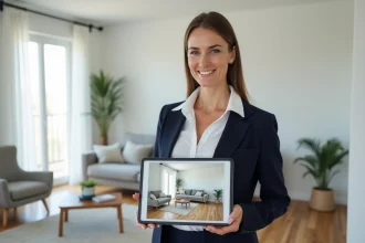 Agent immobilière tenant une tablette avec une visite virtuelle 3D pour vendre un appartement plus rapidement grâce à Lamaison360