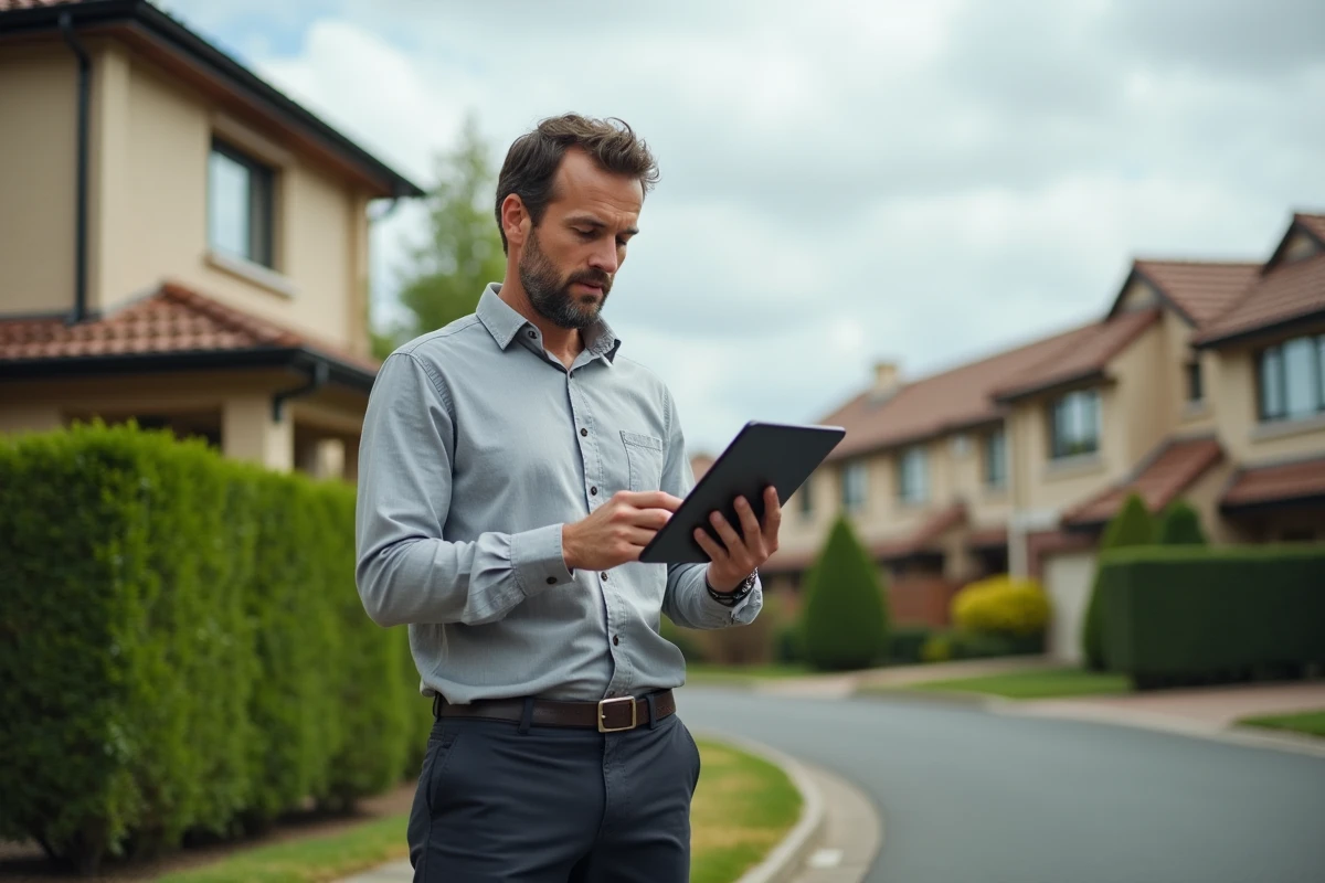 Agent mandataire SAFTI consultant la plateforme omegasafti sur tablette devant un bien immobilier