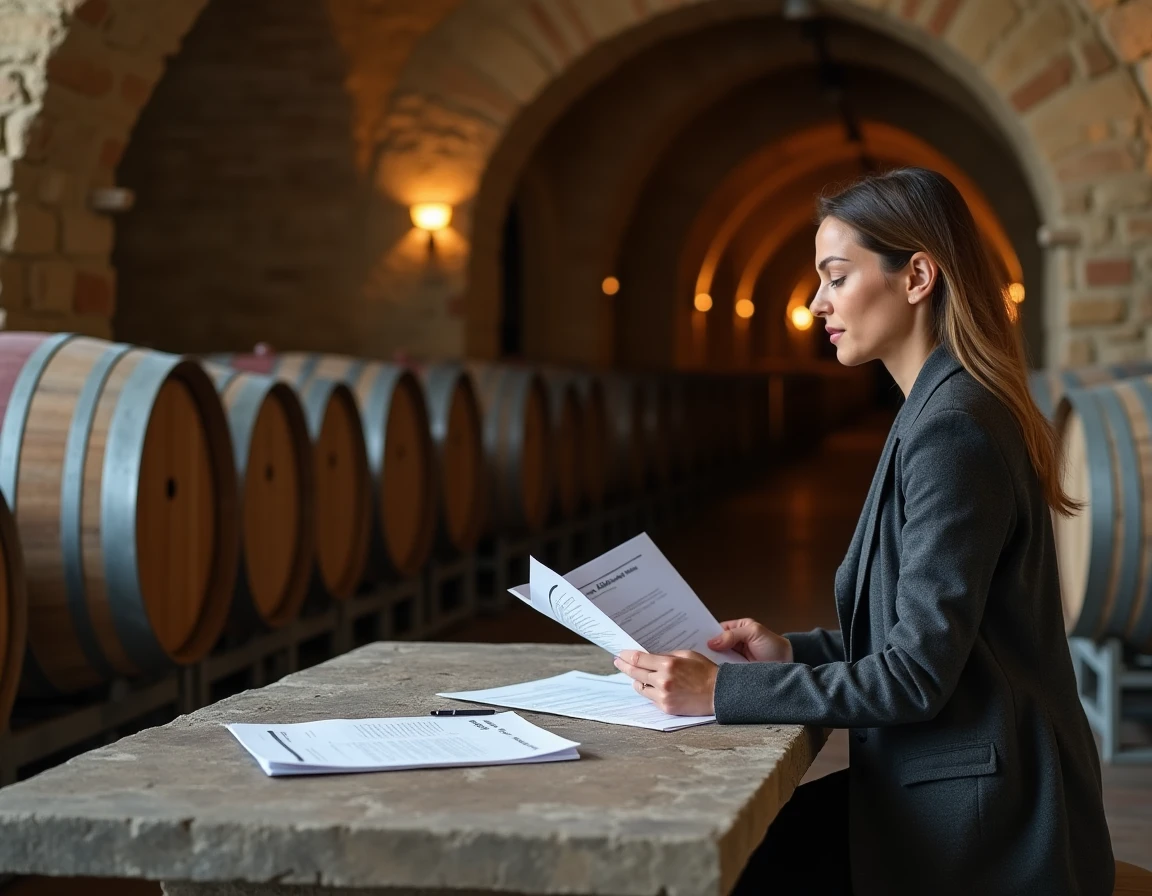 Agente immobilière consultant des documents de vente dans une cave viticole bordelaise avec des barriques en chêne