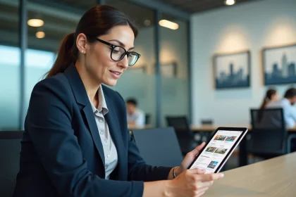 Agent immobilière professionnelle analysant une plateforme proptech Pikadom sur tablette dans une agence moderne