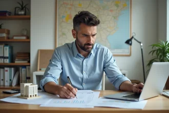 Homme analysant des documents financiers immobiliers sur un bureau en bois avec calculatrice et maquette d'appartement
