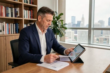 Homme d'affaires analysant des documents de placement immobilier SCPI sur son bureau à domicile