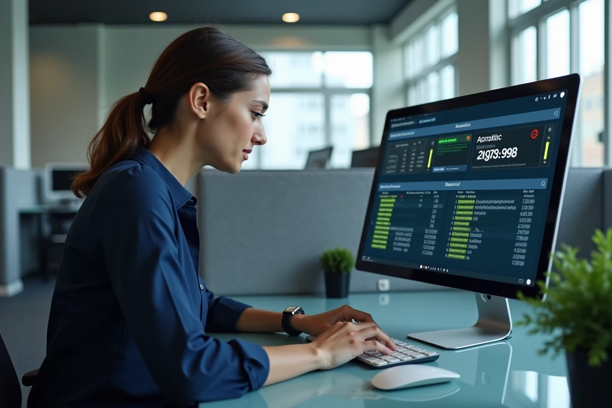 Femme analyste en cybersécurité surveillant des menaces réseau sur un tableau de bord informatique dans un bureau moderne