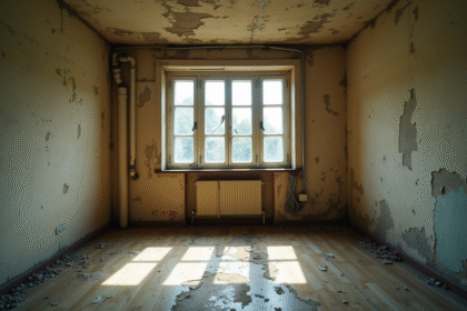 Intérieur d'un appartement abandonné avec peinture écaillée et fenêtres cassées