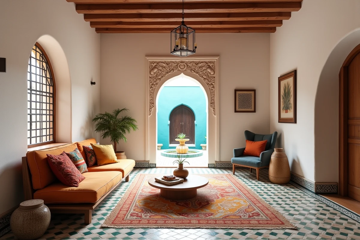 Salon d'un appartement riad rénové à Essaouira avec sol en zellige et arche en plâtre sculpté, idéal pour une location longue durée entre particuliers
