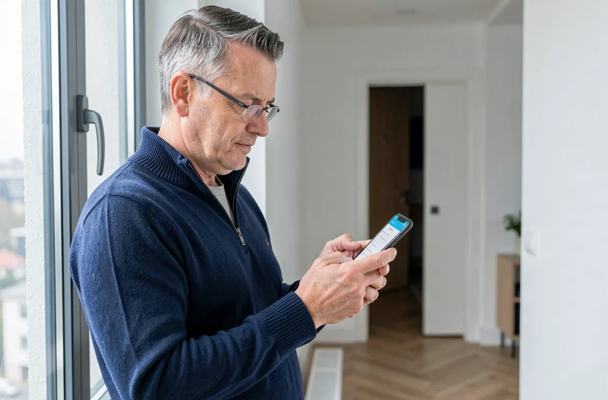 Homme consultant l'application mobile Foncia sur smartphone dans un couloir d'appartement moderne