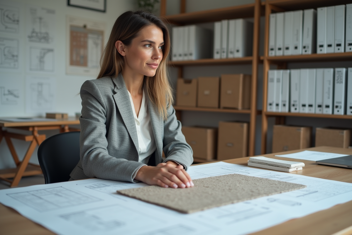 Jeune architecte examine echantillons d isolation