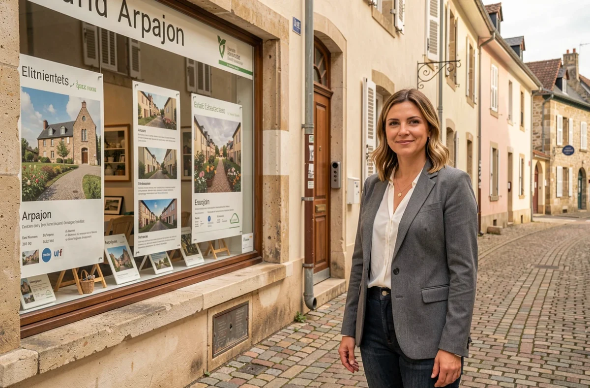 Agente immobilière devant la vitrine d'Arpajon Immobilier dans le centre-ville d'Arpajon en Essonne