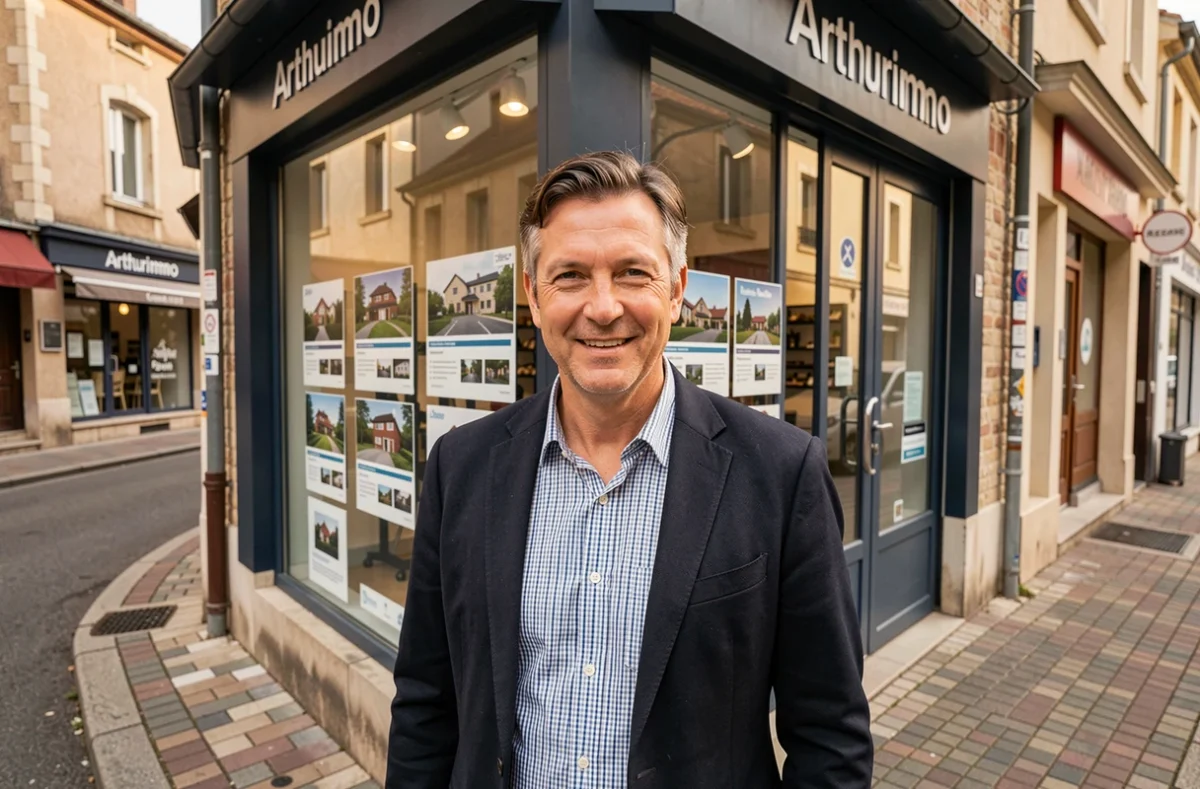 Agent Arthurimmo Essonne devant la vitrine de l'agence immobilière avec des annonces de biens en Essonne