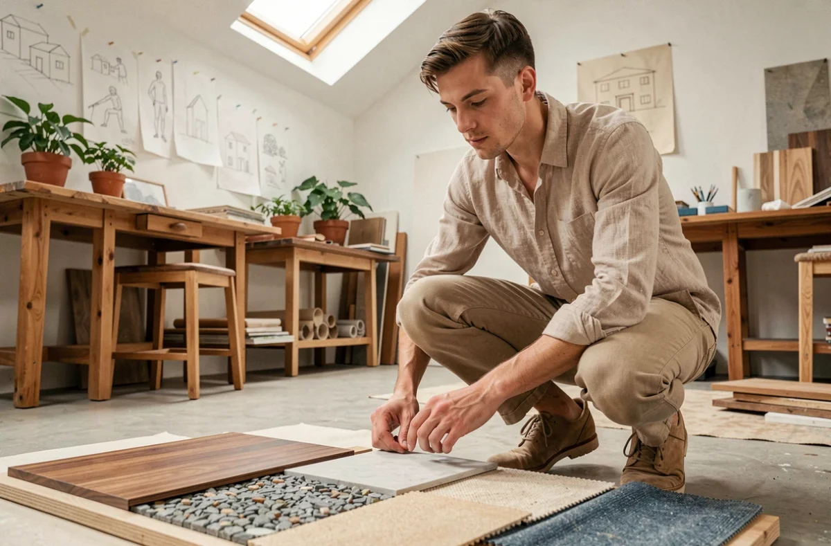 Architecte de l'Atelier Cambium examinant des échantillons de matériaux naturels dans un studio artisanal