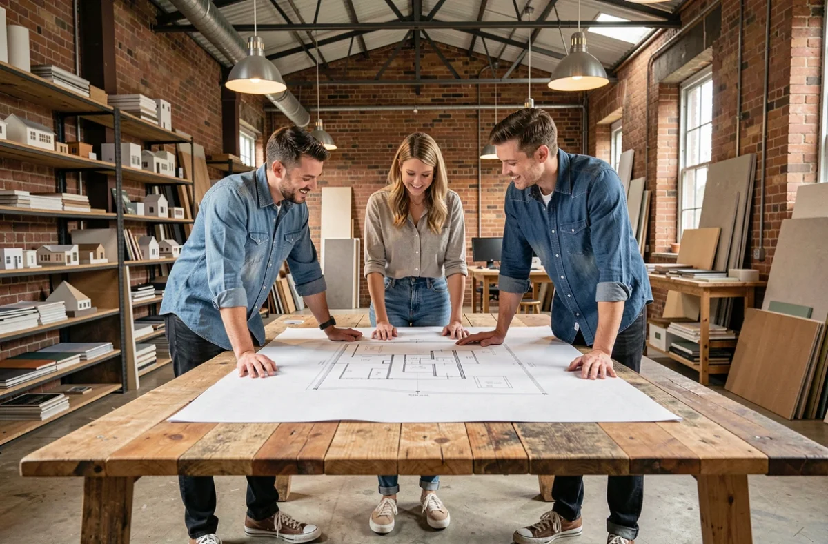 Équipe créative de l'Atelier King Kong collaborant autour de plans architecturaux dans un studio industriel à Bordeaux