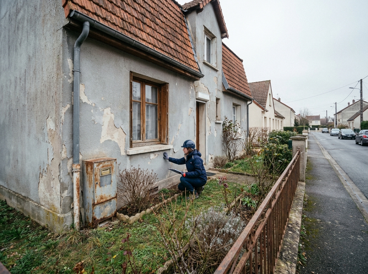 Auditrice énergétique inspectant la façade mal isolée d'un pavillon en banlieue parisienne pour évaluation passoire thermique