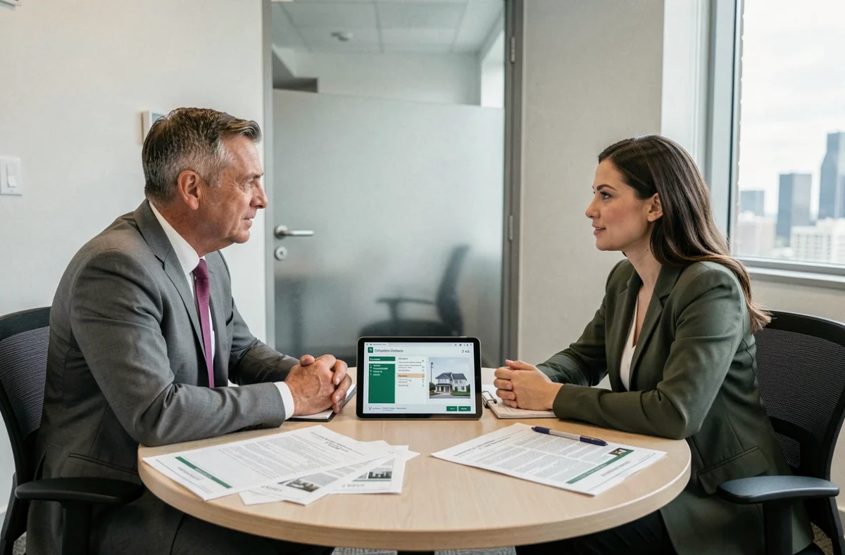 Notaire et agent immobilier comparant des avis d'estimation croisés autour d'une table de réunion professionnelle