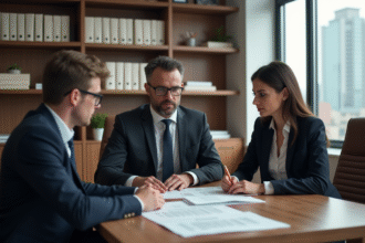 Avocat en costume expliquant documents à un couple dans un bureau