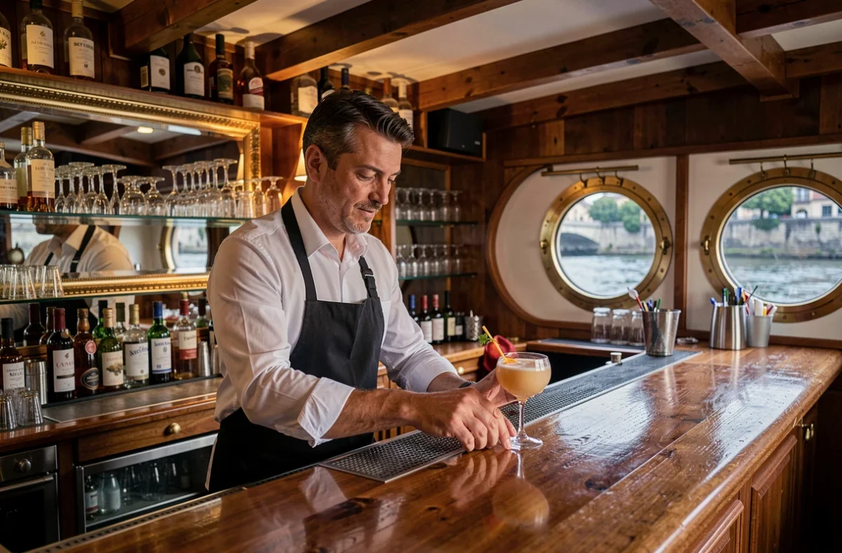 Barman préparant un cocktail au bar intérieur d'une péniche événementielle à Lyon
