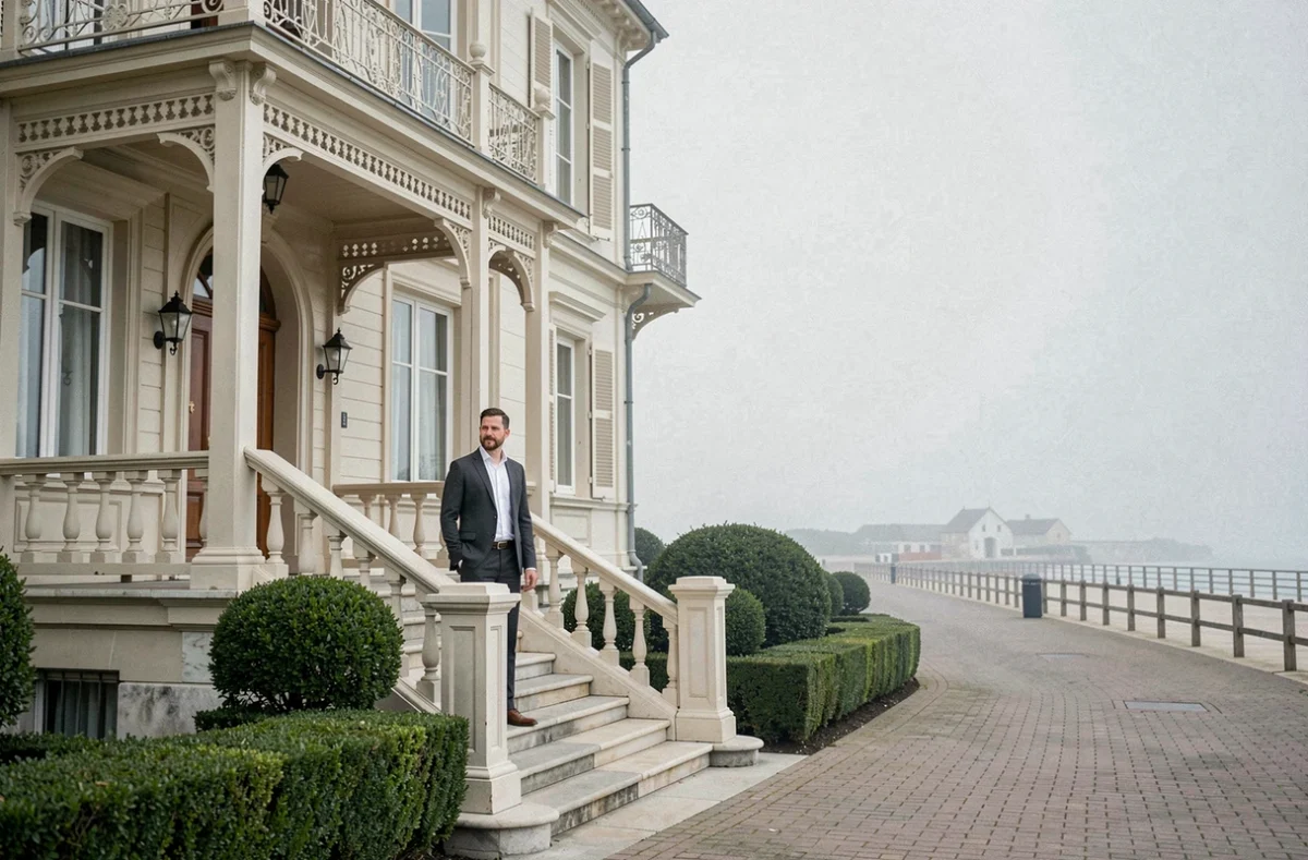 Consultant de BARNES Deauville devant une villa Belle Époque en bord de mer
