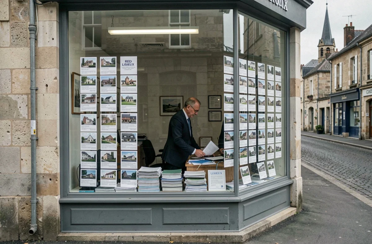 Vitrine de la Bourse de l'Immobilier à Lisieux avec annonces affichées en façade