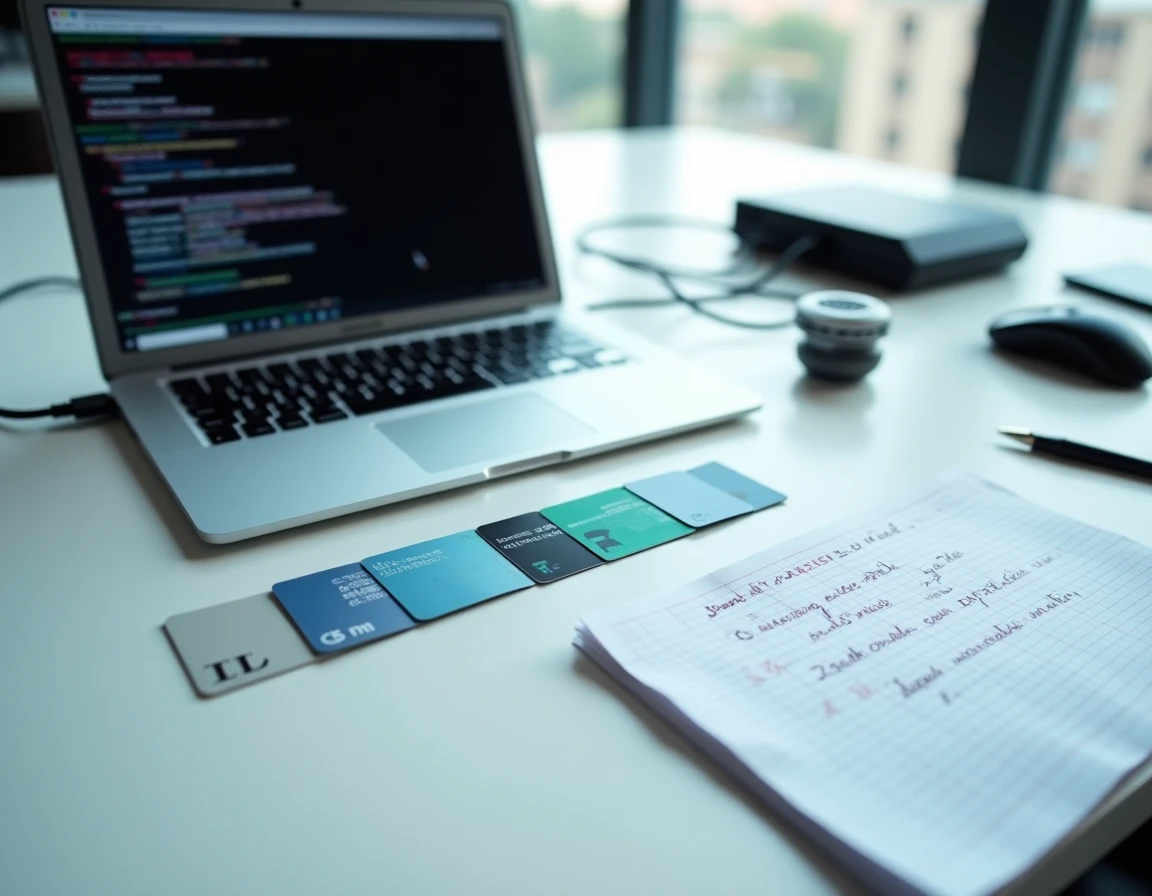 Vue aérienne d'un bureau de recherche en cybersécurité avec cartes RFID, lecteur USB et notes manuscrites
