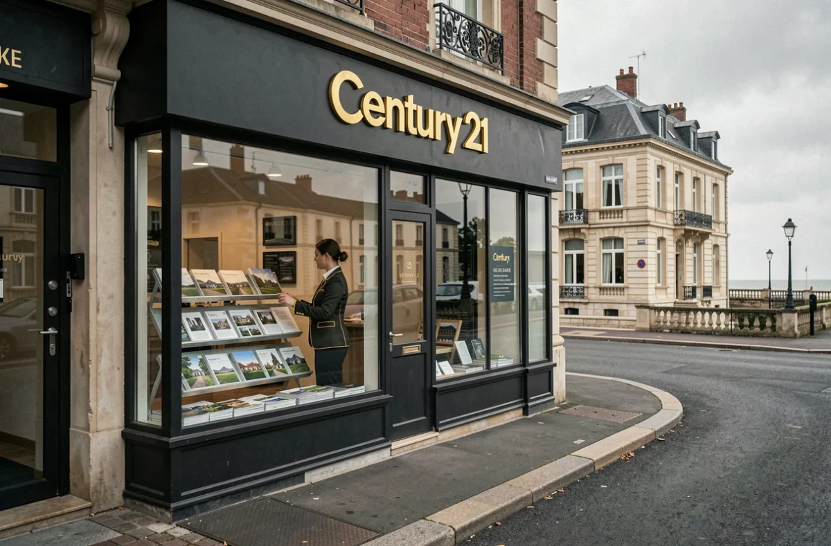 Façade de l'agence Century 21 à Deauville avec vitrine de propriétés normandes