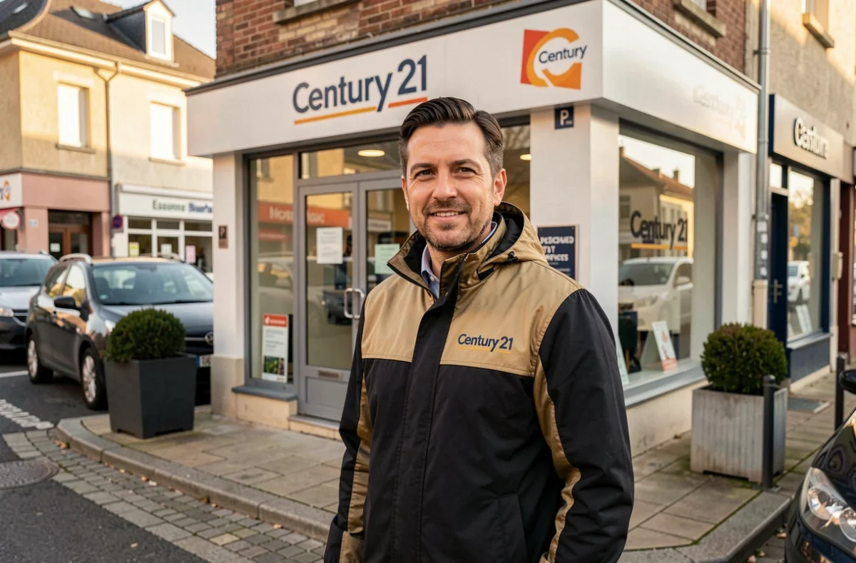 Agent immobilier Century 21 Essonne posant devant la vitrine de l'agence avec la signalétique de la franchise