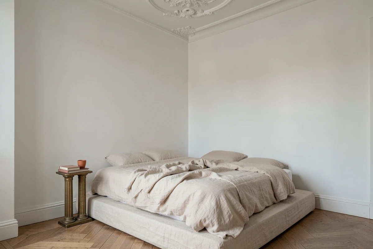 Chambre haussmannienne minimaliste avec lit bas en lin et médaillon de plâtre au plafond