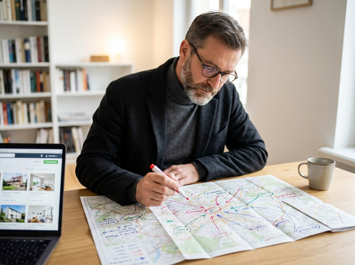 Chasseur immobilier analysant une carte de ville annotée dans son bureau pour préparer une recherche personnalisée