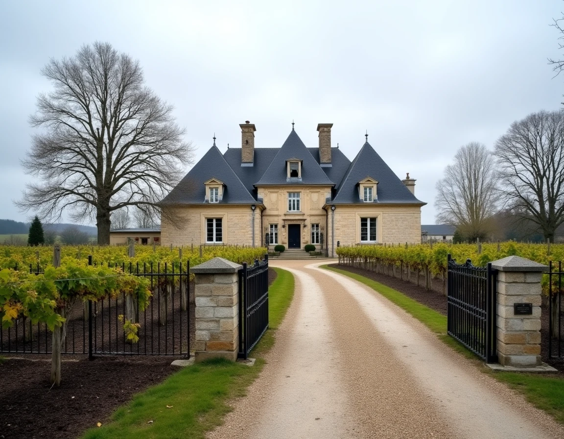Château viticole bordelais avec panneau à vendre et vignes au printemps, façade en pierre de Gironde