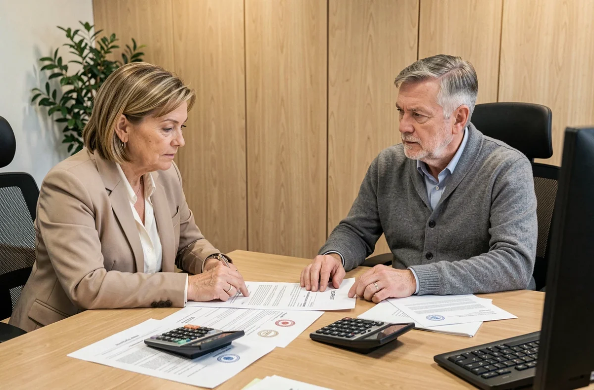 Couple de clients en rendez-vous chez le notaire pour discuter des frais liés à une donation de parts de SCPI