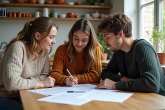 Trois colocataires étudiant un contrat de bail solidaire autour d'une table de cuisine dans un appartement partagé