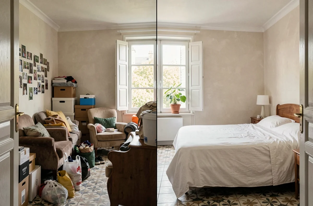 Comparaison avant après home staging d'une chambre de maison avec espace encombré à gauche et pièce épurée et valorisée pour la vente à droite