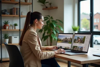 Femme comparant deux portails immobiliers sur ordinateur pour choisir le meilleur site de vente immobilière