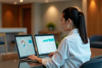 Réceptionniste d'hôtel comparant deux interfaces logicielles de gestion de réservations sur deux écrans d'ordinateur portable au bureau