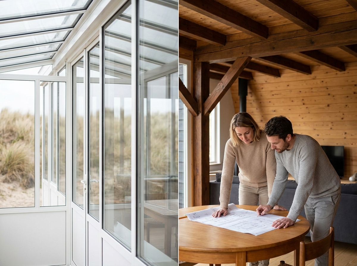 Comparaison intérieure entre une véranda vitrée et une extension en bois dans une maison côtière rénovée